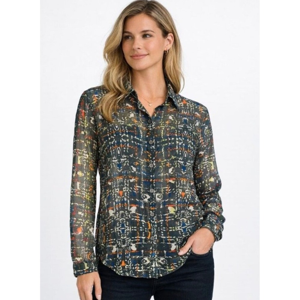 Cabi Top M Medium Festival Button Blouse Multicolor Geometric Print Sheer 129